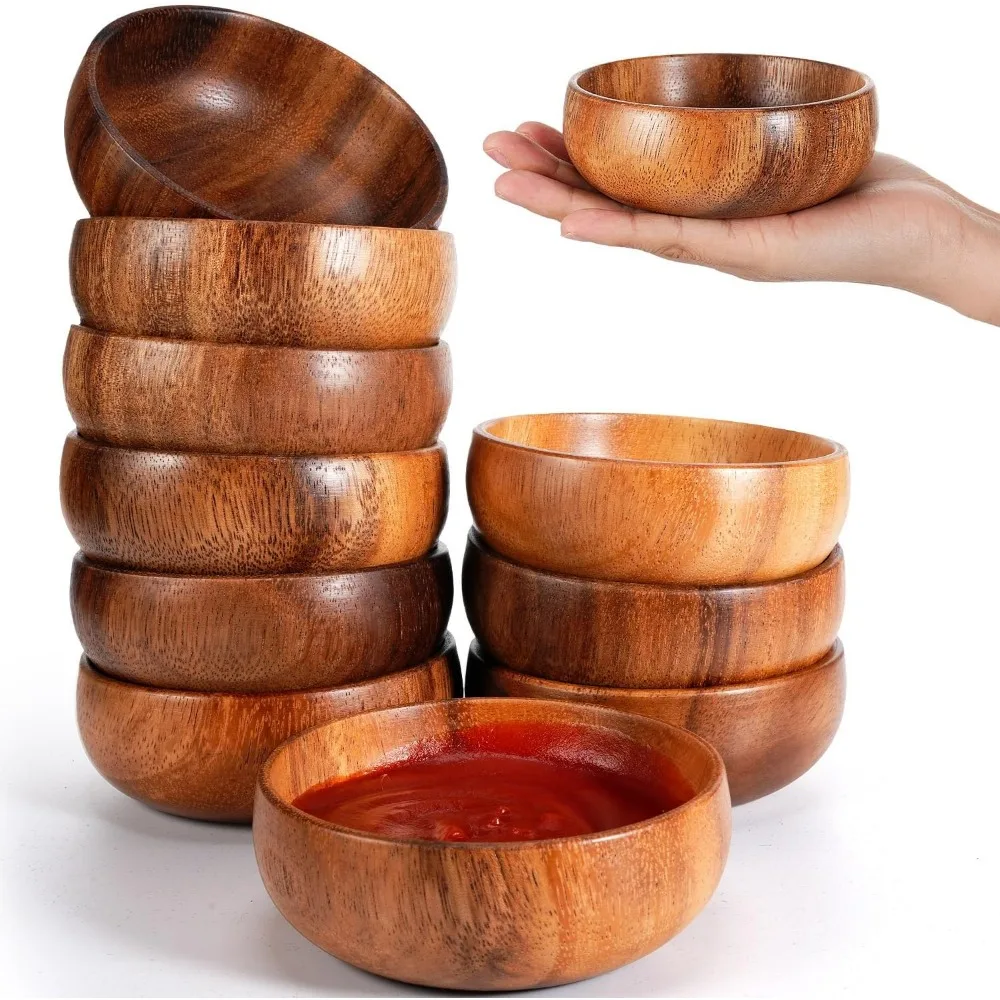 

10 Acacia Wood Bowls, 4 Inch Hand Carved Salad Serving Trays for Snacks, Nuts, Sauce