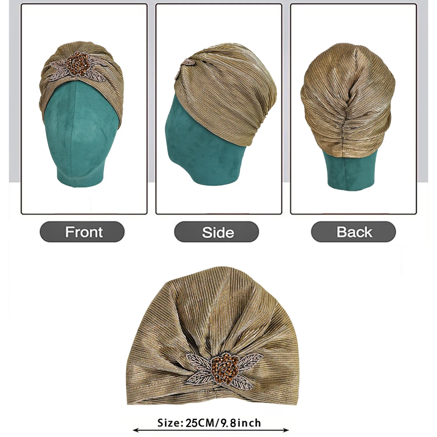 New Bronzed Pleated Headscarf Hat Muslim Hijab Turban Women Chemo Cap Hair Loss Head Wrap Bonnet Shimmer Headwear Accessories