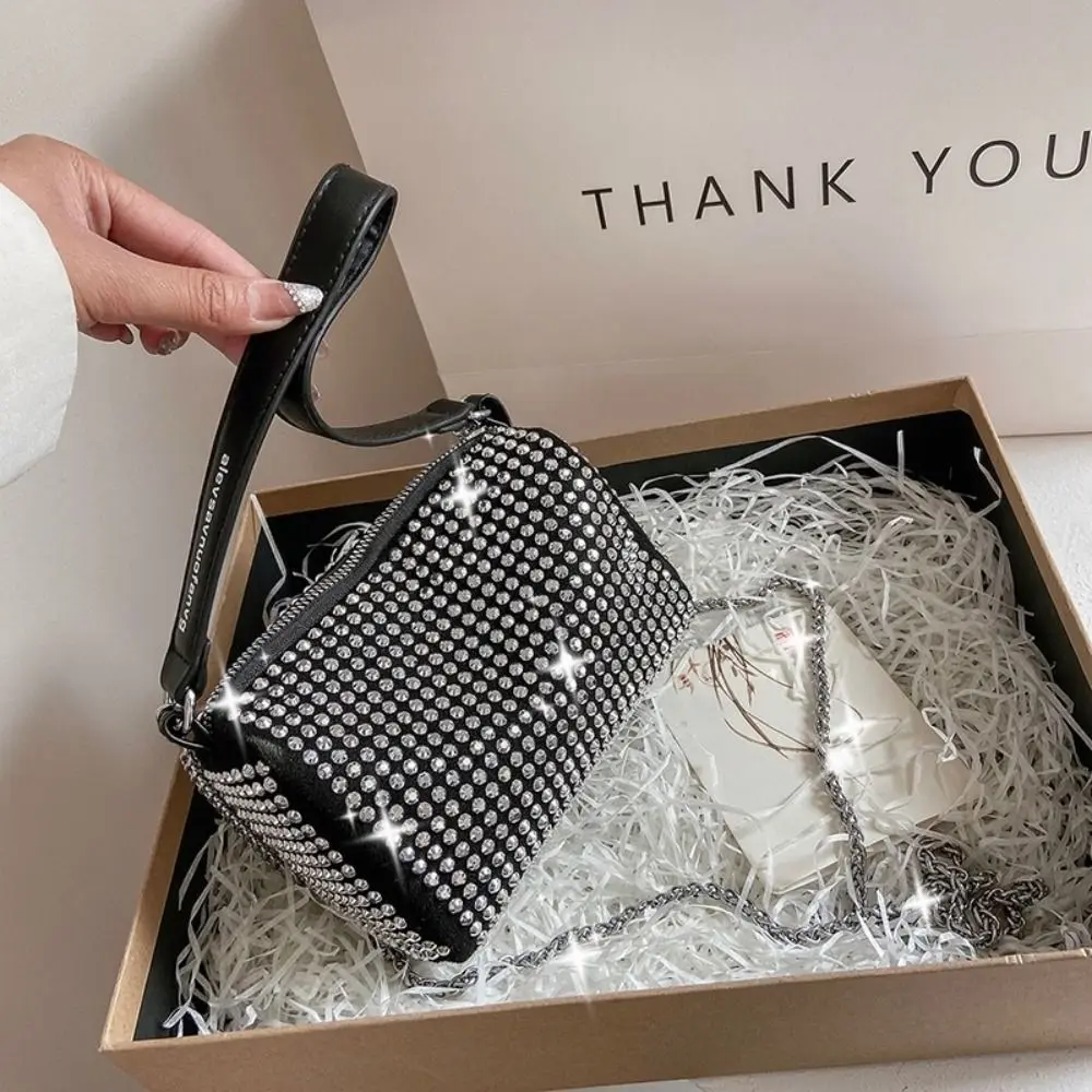 Fashion Large Capacity Rhinestone Handbag Blingbling Shiny Small Square Bag Pillow Bag Zipper Crossbody Bag Party