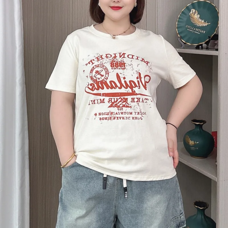 Plus Size Tees Women 2024 New Vintage crew-neck Printed Short Sleeve T-shirt Summer Loose Thin Cotton Tops