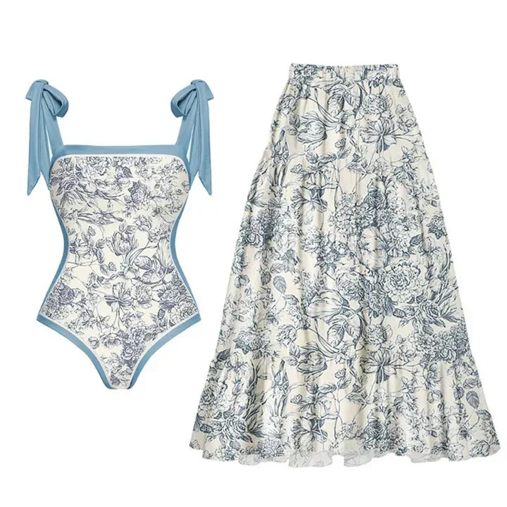 

Sexy Women Cover Up Swimwear Vintage One Piece Bow Swimsuit Beach Wear Swimming Suit Double-sided Printing Reversible Design