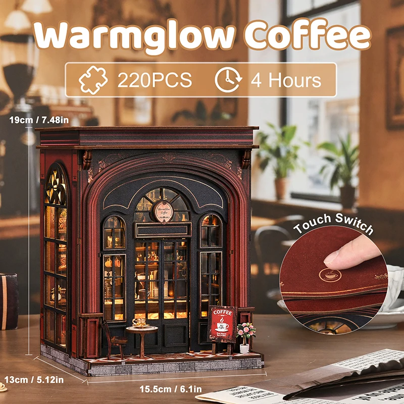 

DIY Miniature Scene Assembly Model House, 3D Creative Puzzle, Warmglow Coffee DIY Book Nook, Retro Dollhouse Library Decor&Gift