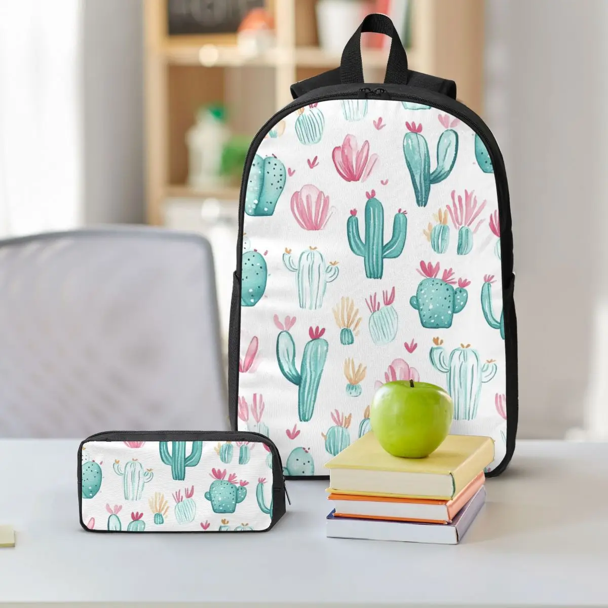 Succulent Plant Potted Watercolor Art Backpack Boys Girls BookBag School Bag Shoulder Bags 3ps Insulated Lunch Bag Pencil Case