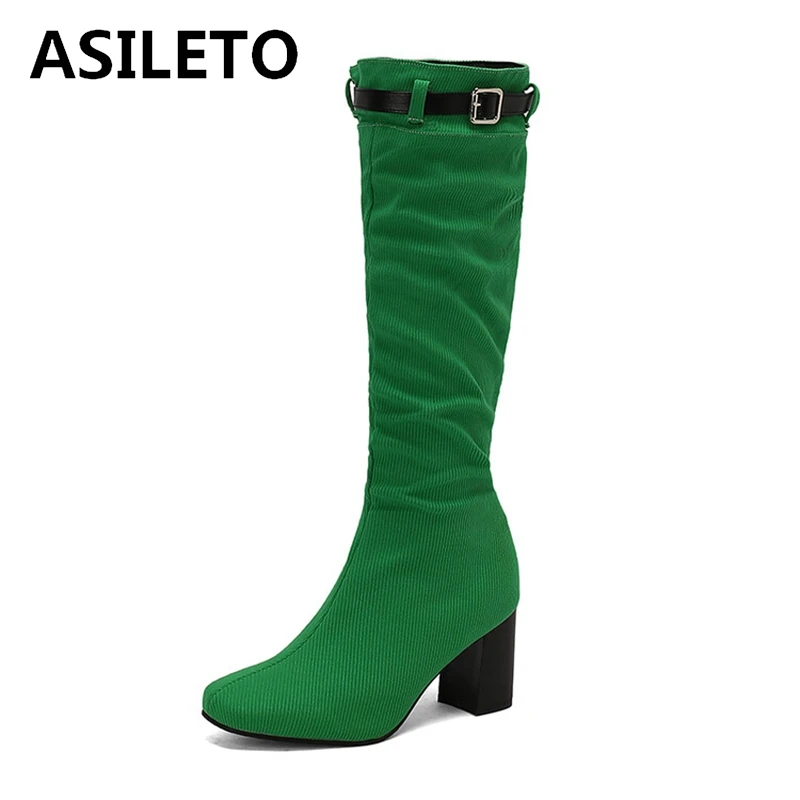 

ASILETO Brand Fabric Knee Boots 7cm Square Heel Round Toe Zip Blue Black Red Green Brown Big Size 43 44 45 46 47 48 US15 US16