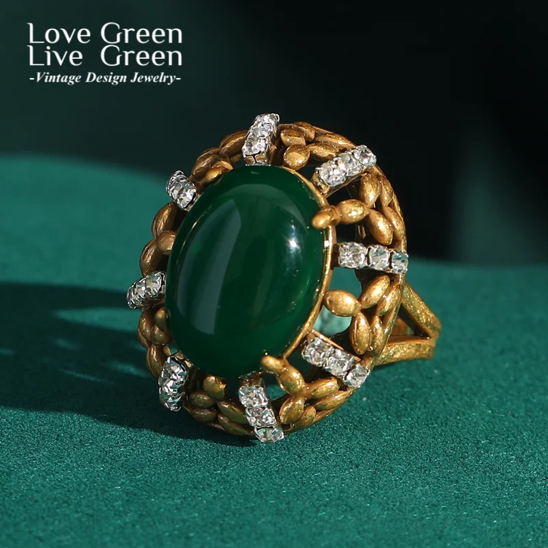 

Vintage Gold Color Green Emerald Ring Natural Stone For Woman Antique Cubic Zinconia Retro Accessories Cocktail 2025 New