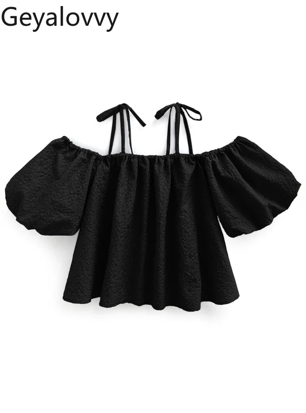 Letnia Nowość 2025 Japońska Koszula Sznurowana z Kokardą Słodkie Dziewczęce Bluzki w Jednolitym Kolorze Bufiaste Krótkie Rękawy Odkryte Ramiona dla Kobiet