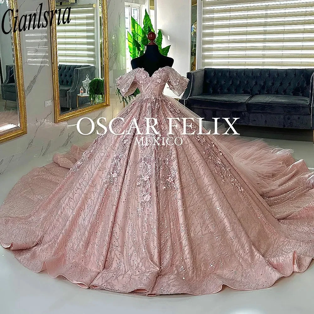 Vestido de baile com lantejoulas, vestidos Quinceanera, apliques florais 3D, espartilho de renda, ouro rosa, 15 anos