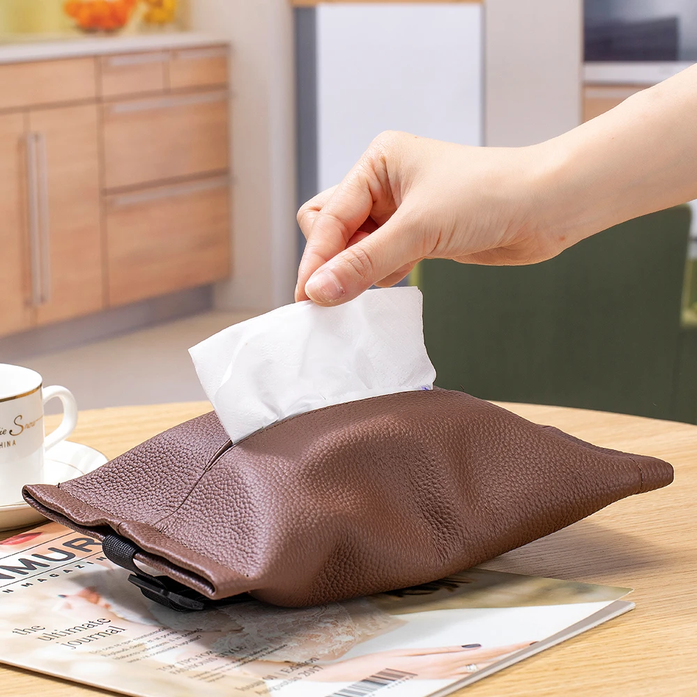 Genuine Leather Car Tissue Bag Paper Box Multi-functional Hanging Tissue Storage Bag Car Car Interior Tape Tissue Box Black Pink