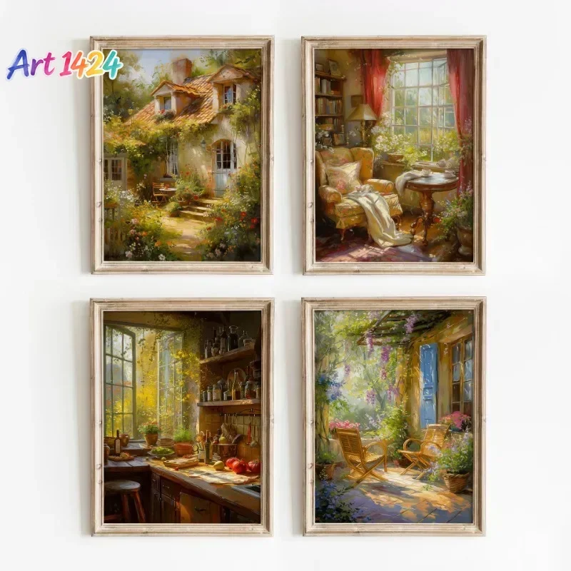 Vintage Rural Cottage Landscape Flower Plant Poster Print Canvas Painting Wall Art for English Living Room Home Decor Mural