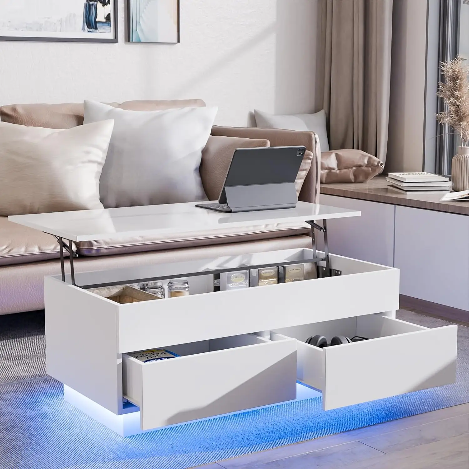 Compartimento oculto y 2 cajones, mesa de centro LED con tapa elevable, mesa de centro moderna con almacenamiento, mesa de sofá blanca de alto brillo para