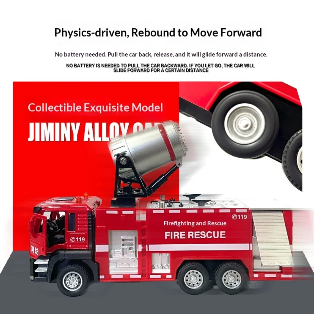 Coche modelo de motor de bomberos de aleación 1:50 50001P, vehículo de juguete de agua pulverizada con luz de sonido de simulación para niños