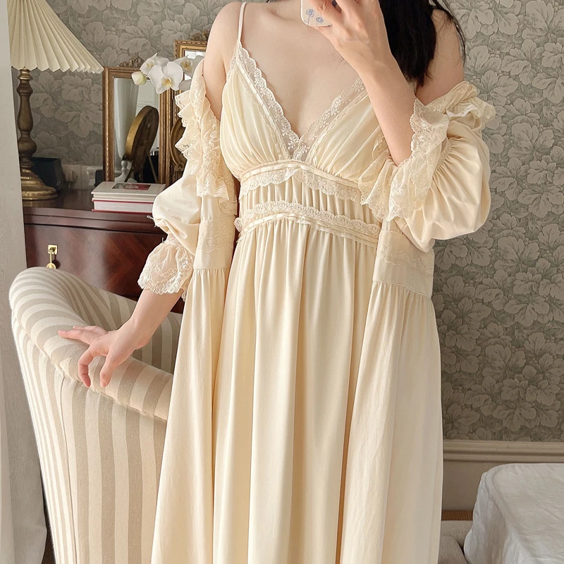 Vintage Apricot Nightgowns Robe Set Sexy V Neck Nighty Women Fairy Cotton Long Sleepwear Sweet Princess Nightwear Pijamas Set