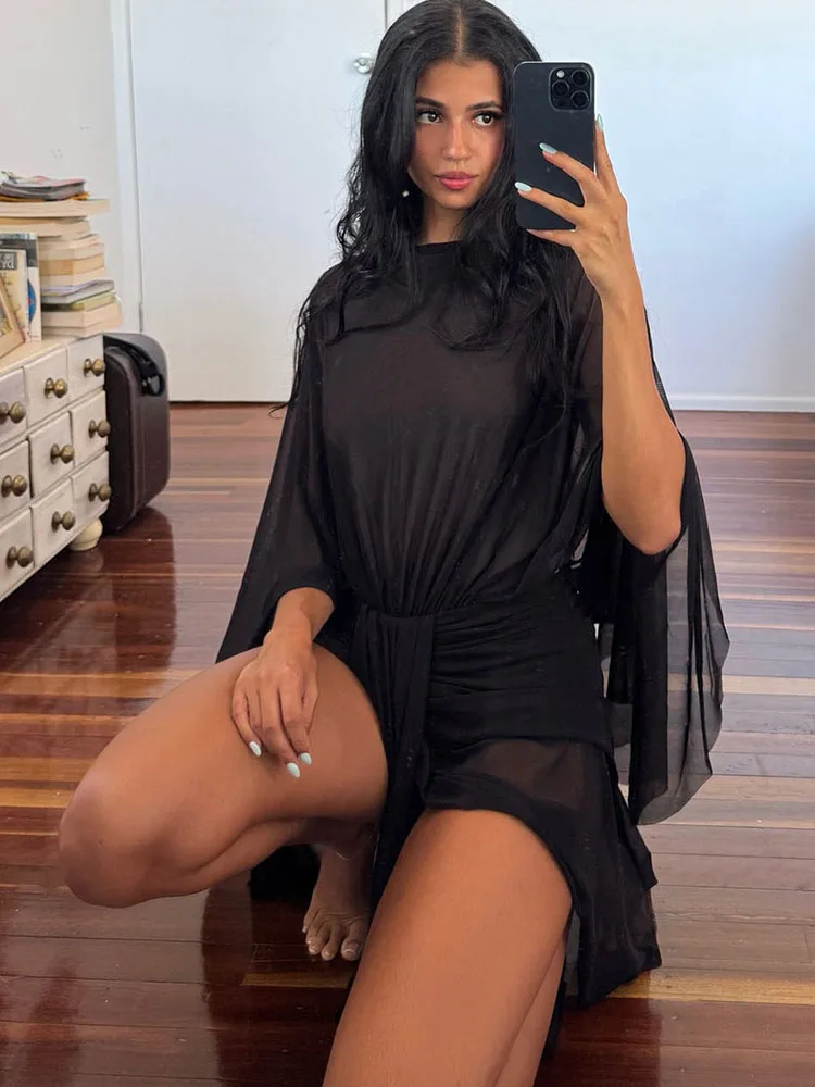 Estranho gato sem costas borboleta vestido feminino dupla camada retalhos ruched manga cheia estiramento magro clubwear festa maxi bodycon