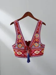 Vintage Embroidery Tassel Lace Up Vest For Women Sleeveless Backless Short WaistCoat Tops Fashion Ladies Highstreet Outfits Sexy