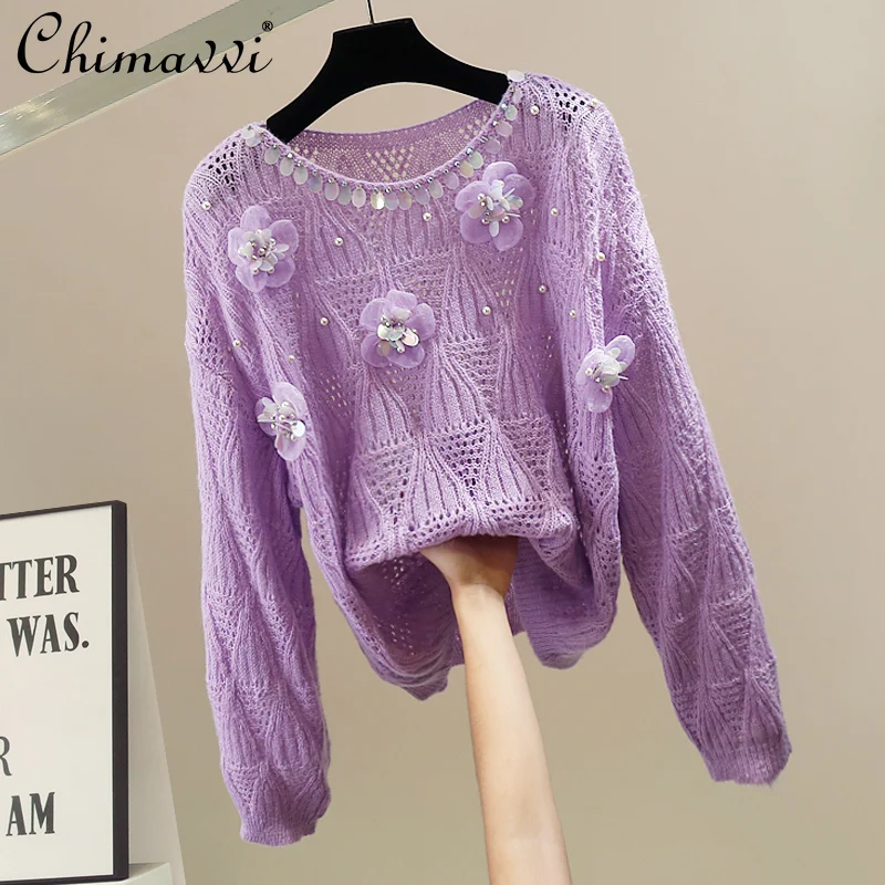 

Korean Fashion Heavy 3D Flower Knitted Sweater Sweater Sweet Girl Lady Long Sleeve Loose Temperament Pullover Top 2025 New