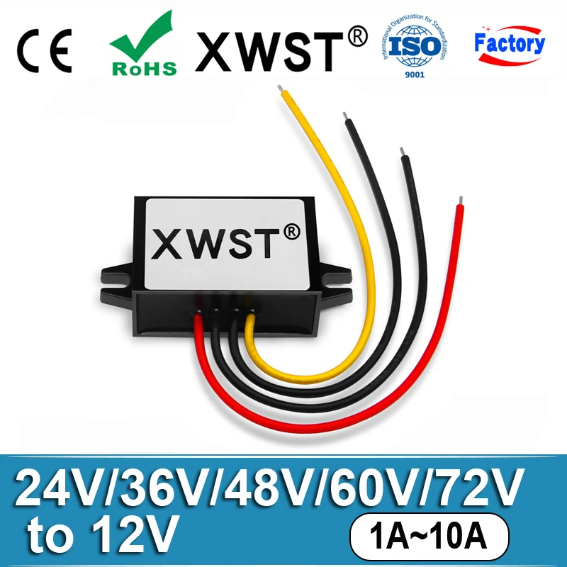 XWST DC 24V 36v 48v 60v 72v to 12V DC Converter 1A-3A 5A-10A Voltage Step Down Waterproof for Car Audio Power Supply Buck Module