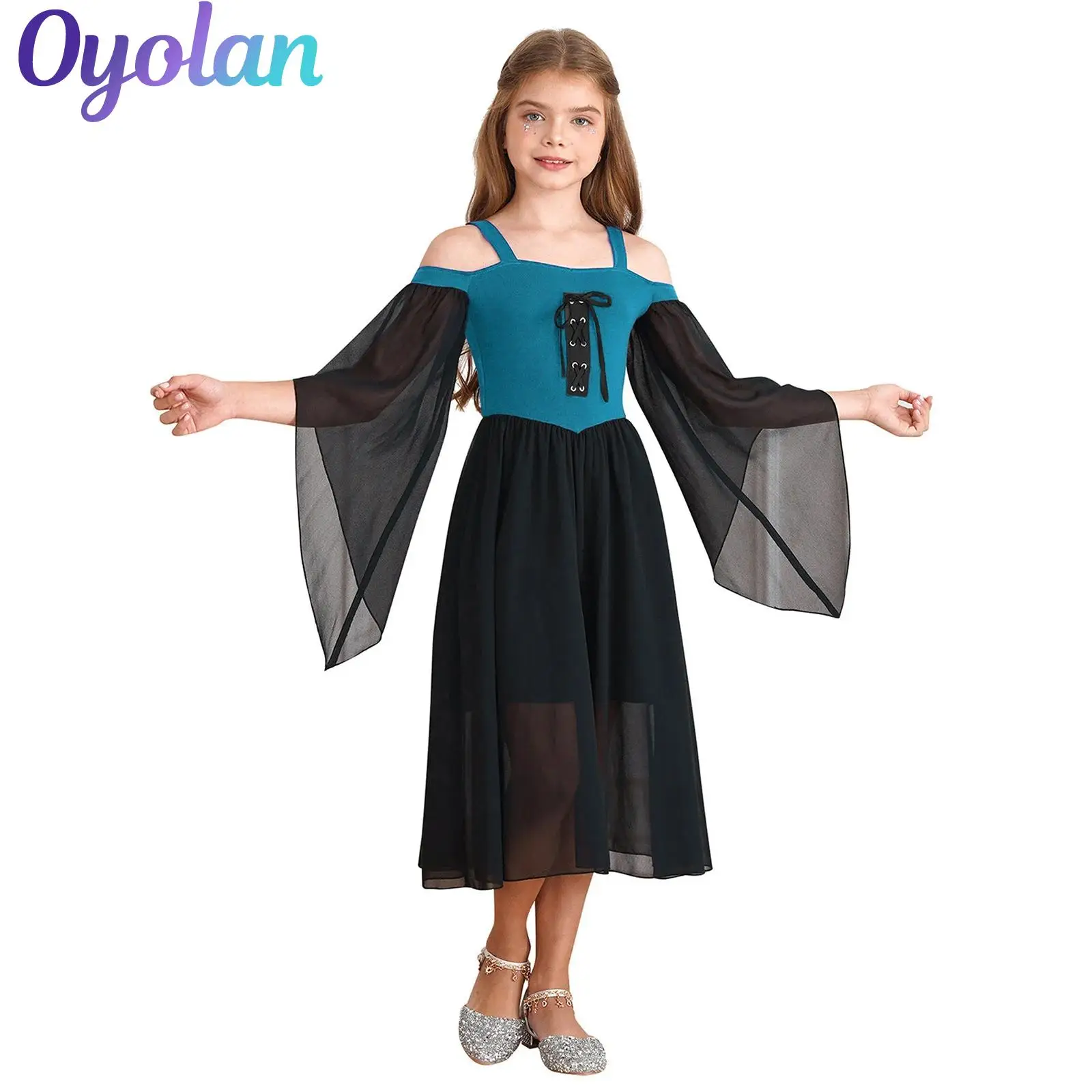 

Girls Halloween Medieval Renaissance Cosplay Dress Up Performance Costume Butterfly Sleeve Lace Up Front Flowy Gothic Dress