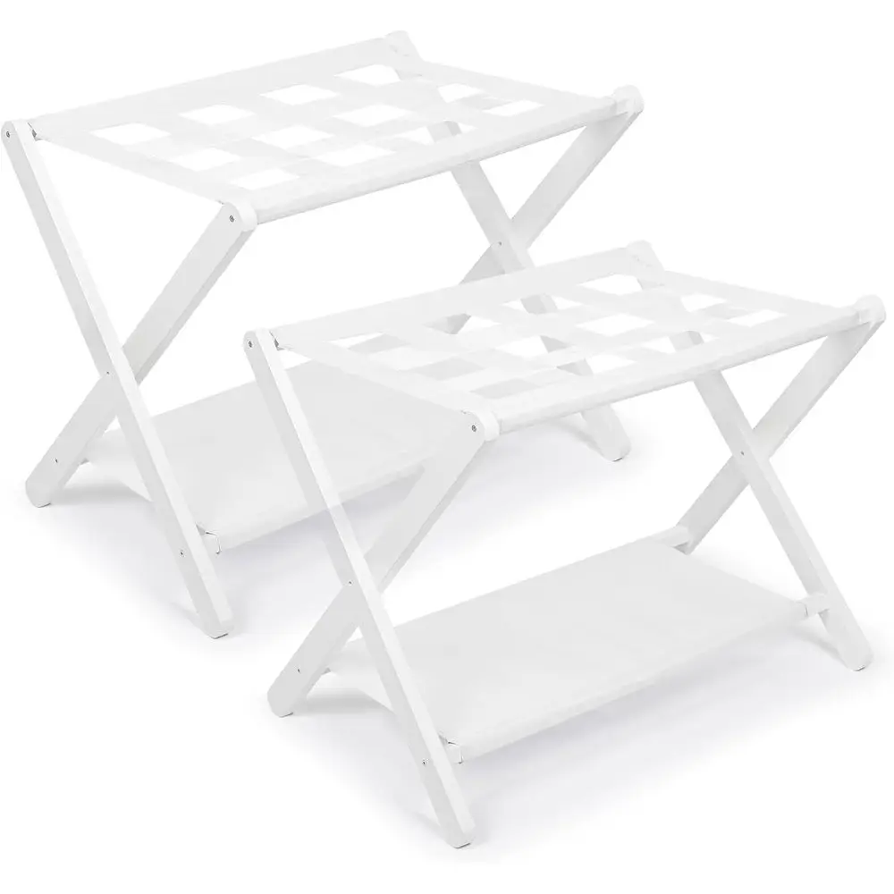 

Double Bamboo Suitcase Stand with Storage Shelf, Set of 2, for Room, Hotel, Bedroom, Holds up to 131 lbs, White