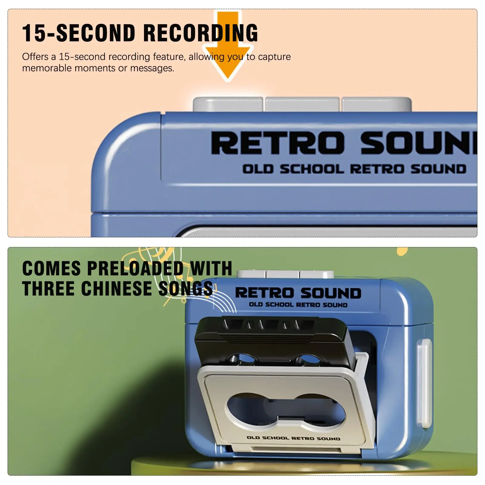 Retro Cassette Tape Recorder Keychain 15-Second Recording & Preloaded Music Function, Portable Mini Music Player Bag Accessory view 3
