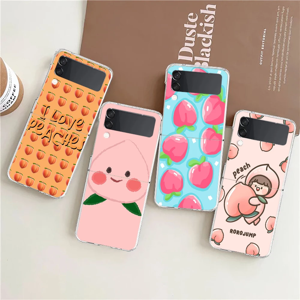 Phone Cover For Samsung Galaxy Z Flip 6 5 4 Case Transparent For Samsung Z Flip 3 Hard PC Foldable Shell Cartoon Fruit Peach Bag