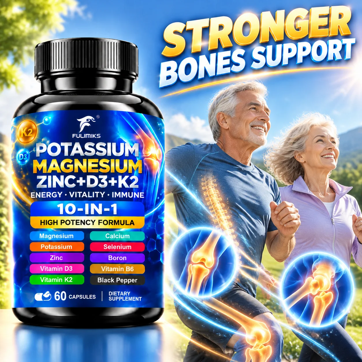 Potassium Magnesium Zinc with Vitamin D3 K2 Supplement, Support Bone & Joint Health, Boost Energy, Vitality and Immune Defense