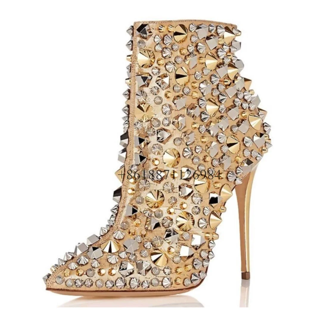 Bling Rhinestone Pointed Toe Ankle Women Boots With Rivet Metal Stiletto High Heels Side Zipper Design Large Size Shoes