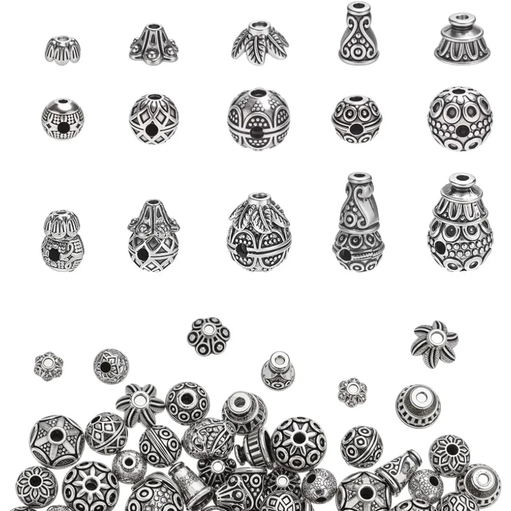 

50Pcs Guru Beads 5 Styles 3-Hole Alloy Loose Beads Teardrop Gourd Prayer T-Drilled Beads Charms for Mala Bracelet Necklace