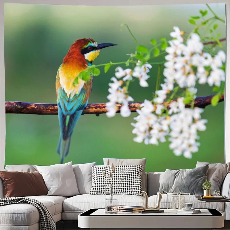 Tropical Bird Blossom Nature Wall Tapestry Artwork Printable Mural Decoration for Home Living Room Bedroom Aesthetic Wildlife Ph