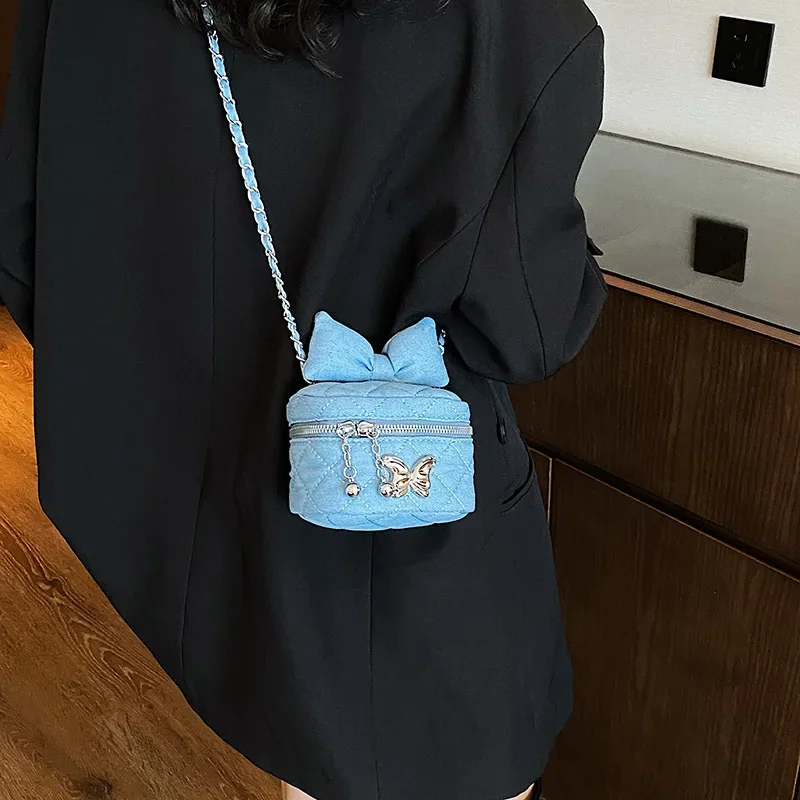 Women Shoulder Bags Korea Style Denim Embroidered Bowknot Mini Bag New Autumn Winter Niche Fashionable Crossbody Bag All-match