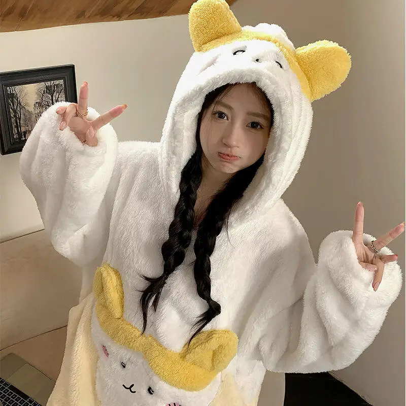 

Girls Nightwear Pajama Set Thickened Coral Fleece Hooded Sleepwear Women's Warm Home Clothes Sleep Robe Cute Cartoon Nightgown