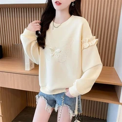 Solid Color Women's Hoodies Pullover Lantern Long Sleeve Spring Autumn Round Neck Bright Line Decoration Tie Flowers Tops