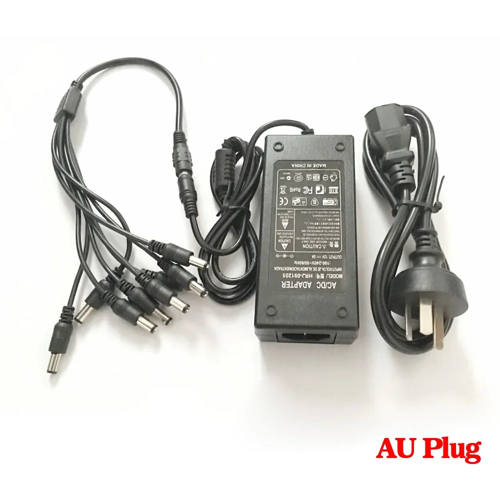 Fonte de alimentação 12V 5A 8CH Caixa de alimentação para câmera CCTV 8 portas DC + Pigtail COAT Adaptador de alimentação DC 12V