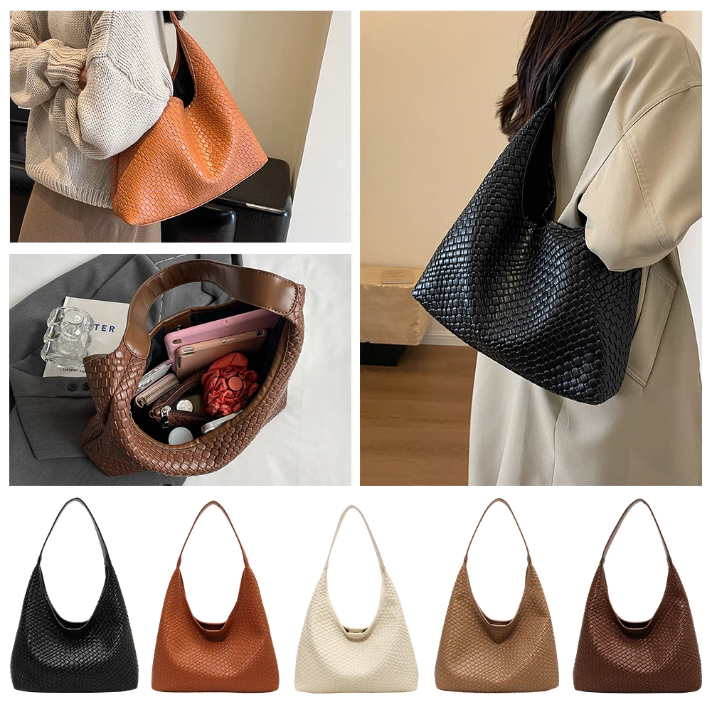 Women Large Shoulder Bag Casual PU Woven Tote Bag Trendy Satchel Hobo Bag Leather Armpit Handbag Commuting Bag