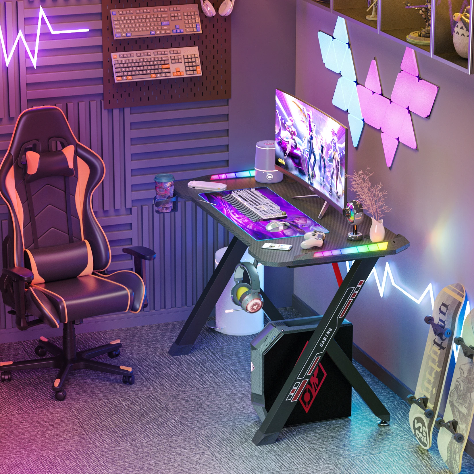 Dynamic RGB LED Lights Gaming Desk Sturdy PC Desk with Stable Thickened Metal Legs 3D Carbon Fibre Surface