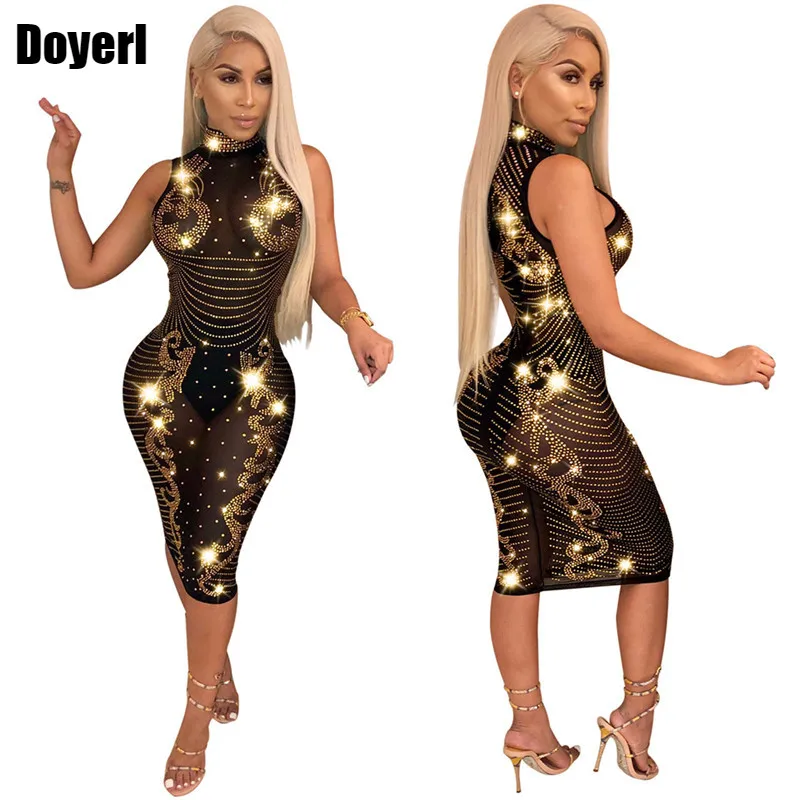 

Women Party Clubwear Sexy Sheer Mesh Dress Rhinestone Diamonds Sleeveless See Through Knee Length Black Sparkly Bodycon Dress