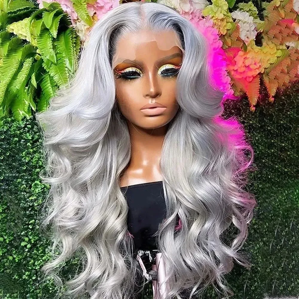 

Silver Grey Synthetic Lace Front Wig Long Soft 13x4 HD Lace Body Wave Wig Pre Plucked Natural Hairline Heat Resistant Women