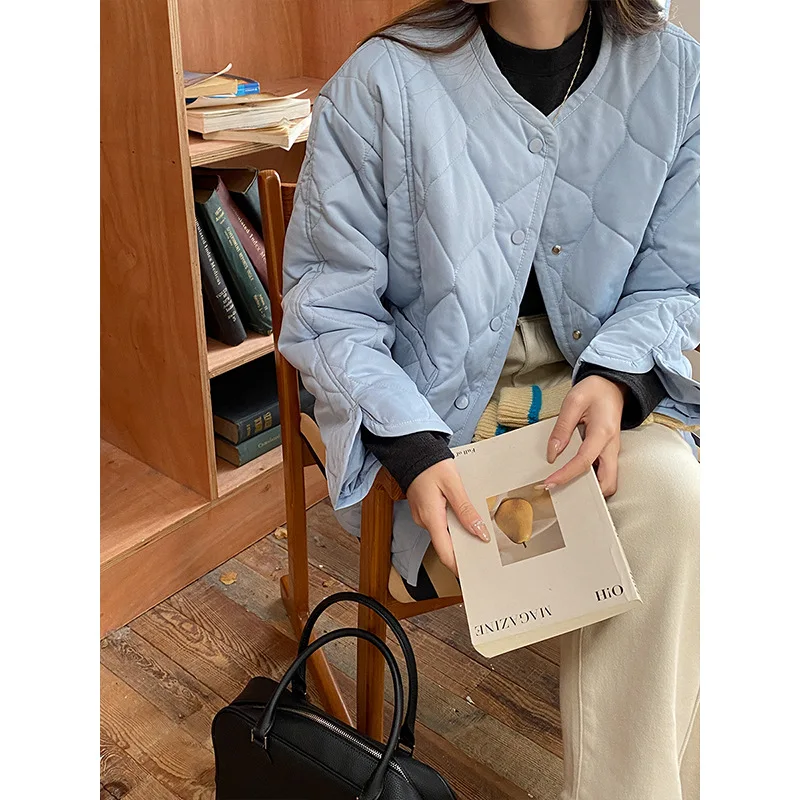 

2025 New Women's Lightweight Cotton Jacket with Stylish and Versatile Exterior Solid Color Sense Diamond Grid Stitching Light