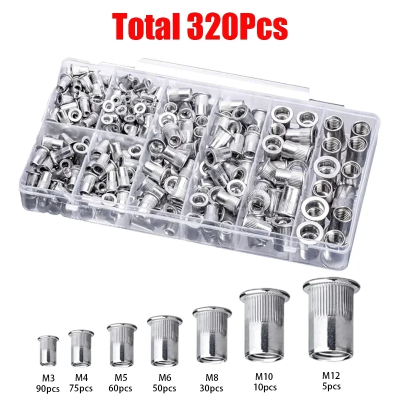 320 шт., комплект алюминиевых заклепок, гайки с плоской головкой, набор заклепок, набор гаек с резьбовой вставкой, набор гаек, гайки M3-M12