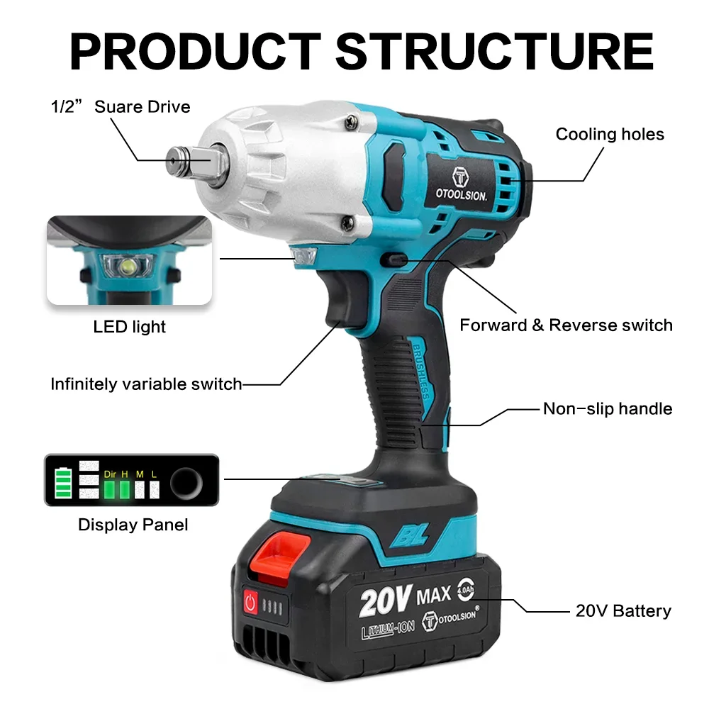 OTOOLSION 600 Nm High Torque Brushless Electric Impact Wrench 1/2 Inch Socket Wrench Cordless Power Tool Makita 18V Battery