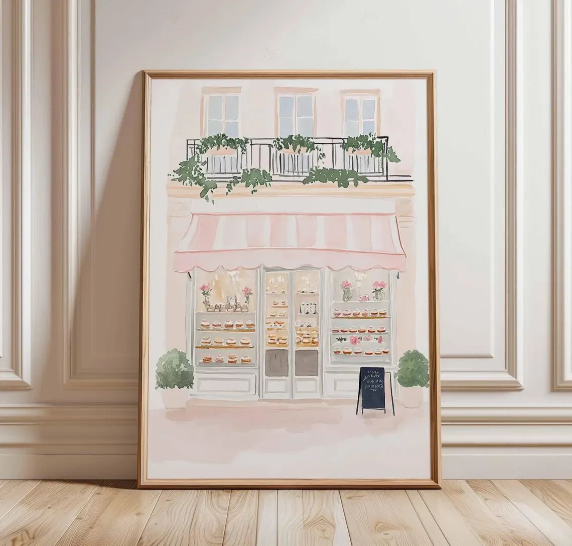 Affiche de boulangerie parisienne, Art mural de pâtisserie française, Illustration de café pastel, Décoration de boutique de desserts rose, Rue de Paris fantaisiste