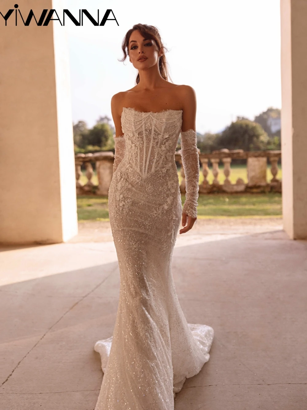 

Detachable Sleeve Embroidery Beaded Lace Wedding Dress Shiny Pearls Mermaid Long Bridal Gown Customized Pearls Dresses For Bride