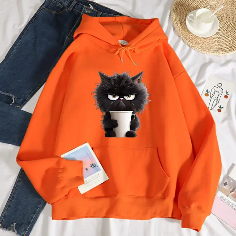 

Fashion Womans Hoodie A Black Cat With Fried Fur Print Pullover Breathable Loose Pocket Warm Sweatshirt Autumn Winter Sportswear
