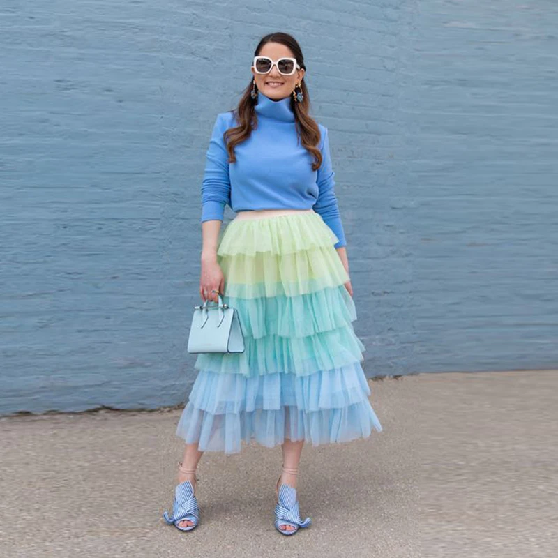 Charming 6 Layers Tiered Skirts Long Skirts For Lady To Birthday Party Light Yellow Blue Puffy A-line Long Tulle Skirts