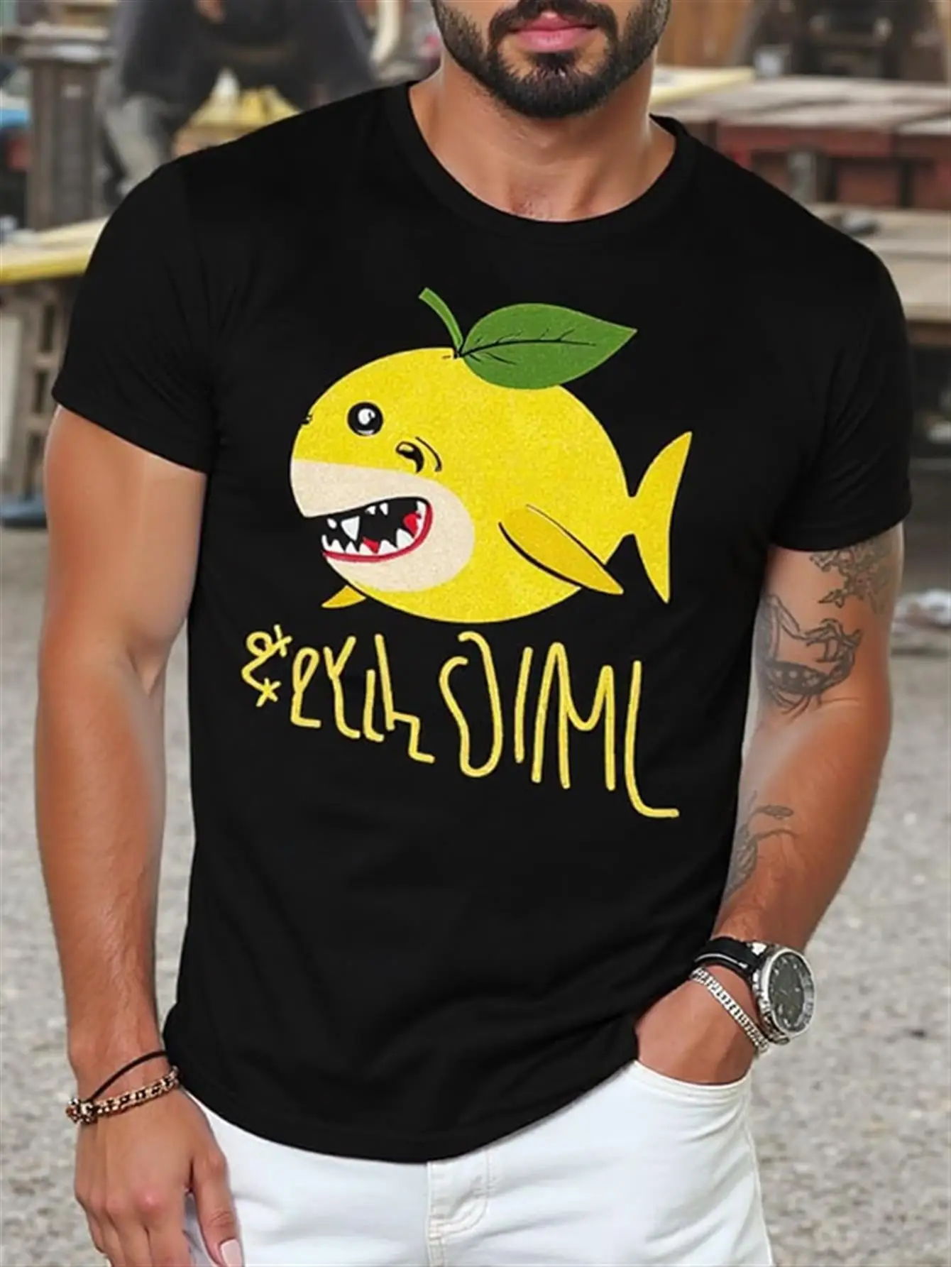 

Men's Graphic T-Shirt with Bold Yellow Shark and Lemon Art Design, Soft and Breathable Plain T-Shirt Suitable for Everyday and Formal Wear, All-Season Casual Shirt, Ideal for Men's Birthday Summer Gifts, Outdoor Casual Wear