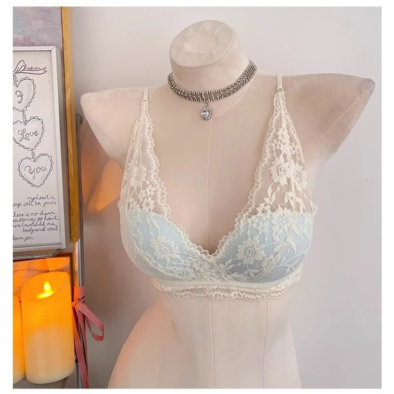 Tendência 2026 Sutiã de Renda Halter Sem Costas Push Up para Seios Pequenos Sexy Puro Desejo Jovem Moda Íntima Feminina Confortável