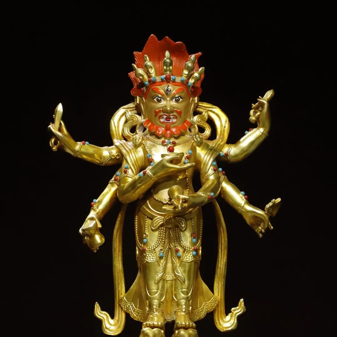 Tibetan Six Arms Mahakala Buddha Statue Pure Brass Full Gold Plated Home Altar Figurine