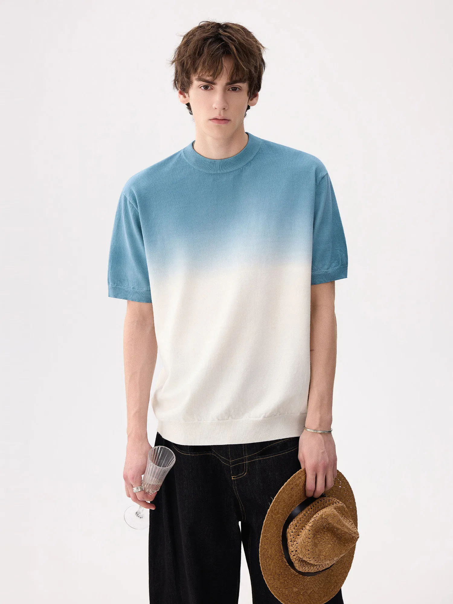 Fashion Men's 2026 Summer New High-end Gradient Color Tees Chic Short-sleeve Knitted T-shirts Men's Trendy Color Matching Tops