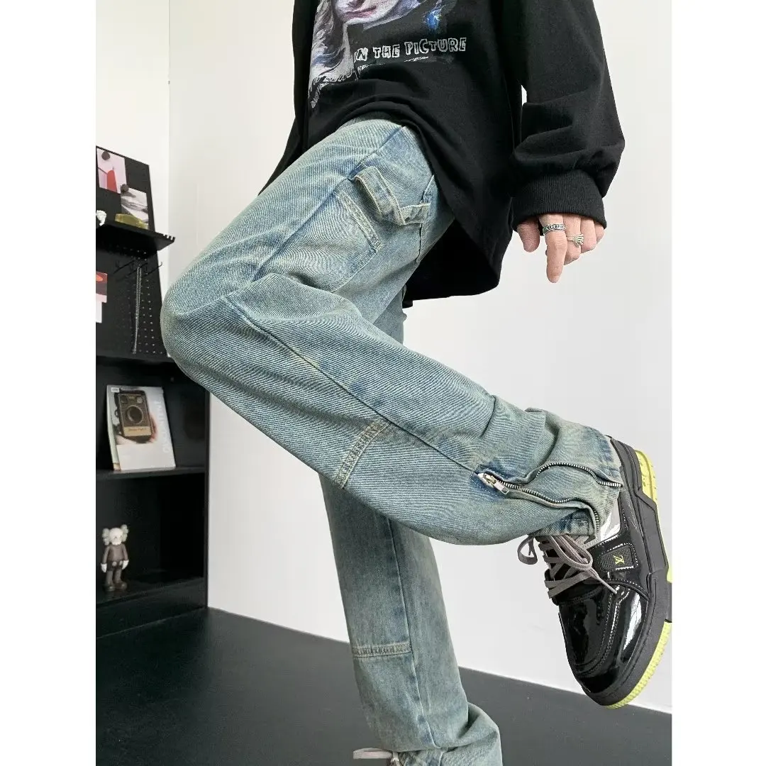 

Мужские джинсы свободного кроя с широкими штанинами в американском стиле, осенняя новинка, модные брендовые джинсовые брюки в стиле High Street Vibe, длинные штаны