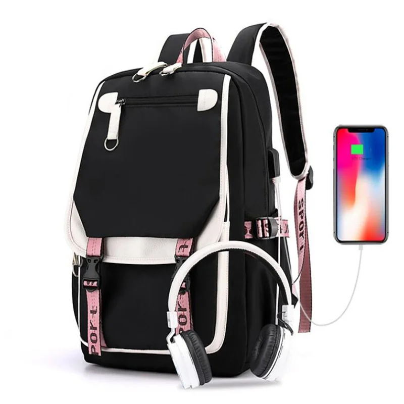 Demon Slayer Kanroji Mitsuri Backpacks Teenarges Schoolbag Anime USB Charge Laptop Travel Outdoor Bag Color Blocking Mochila