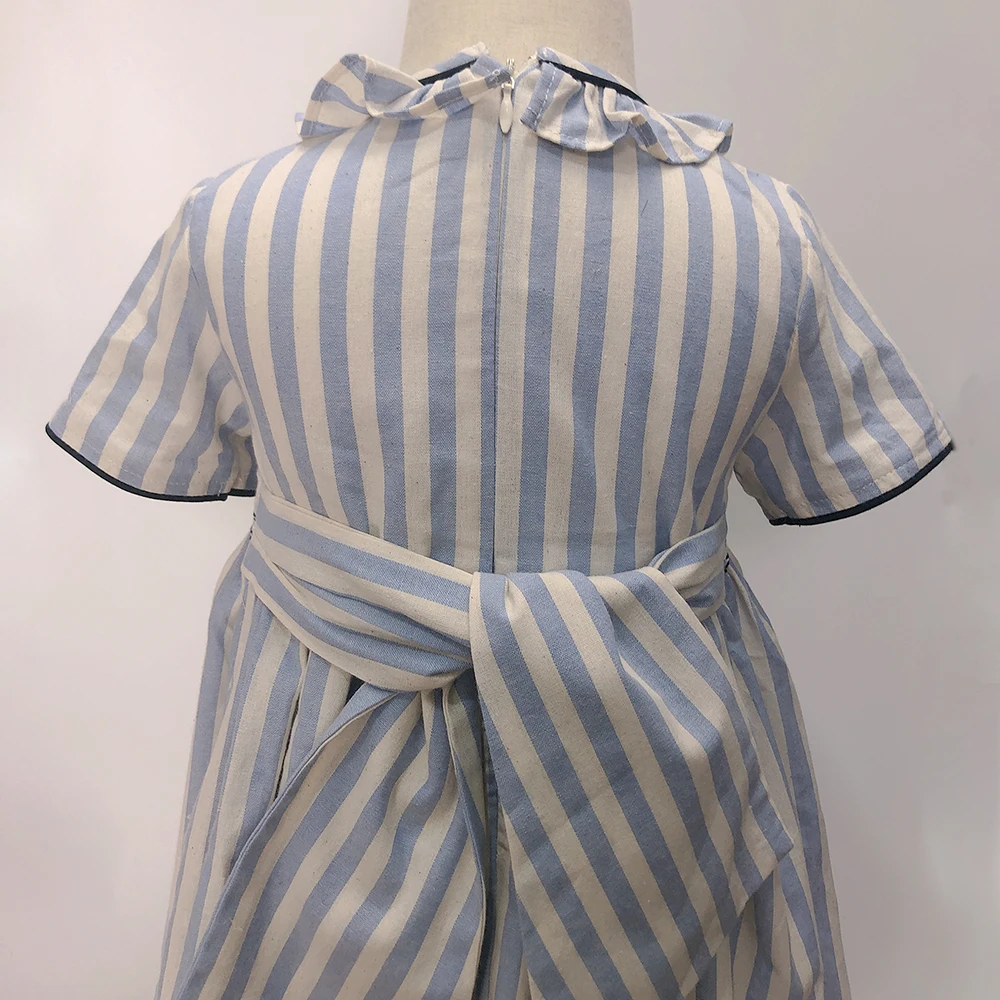 Robe d\'été en coton à manches courtes pour filles, jupe princesse bleu marine, col en cuir chevelu, vêtements de vacances décontractés pour enfants